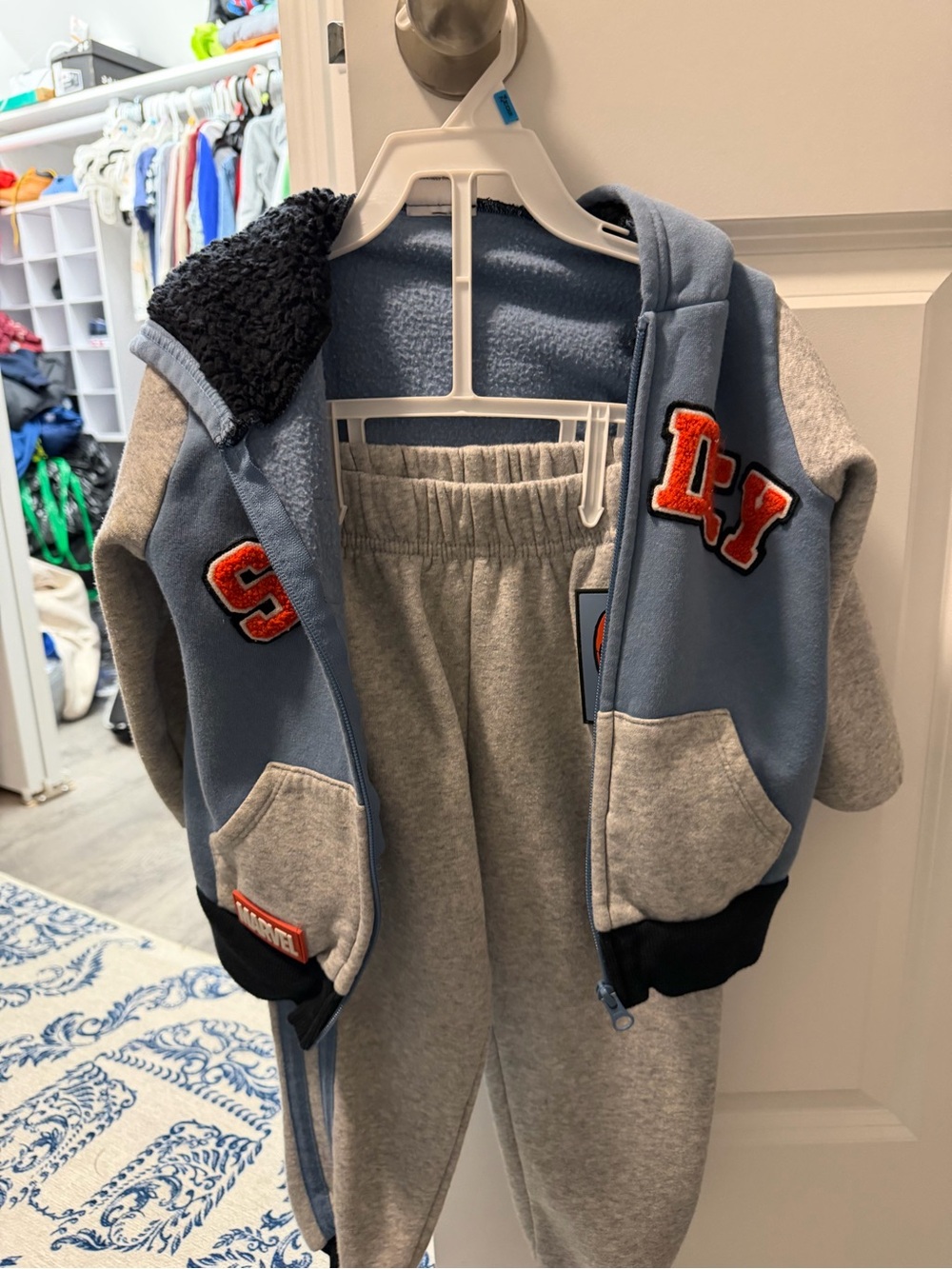 Marvel Blue and Gray Hoodie & Jogger Set with Orange Lettering